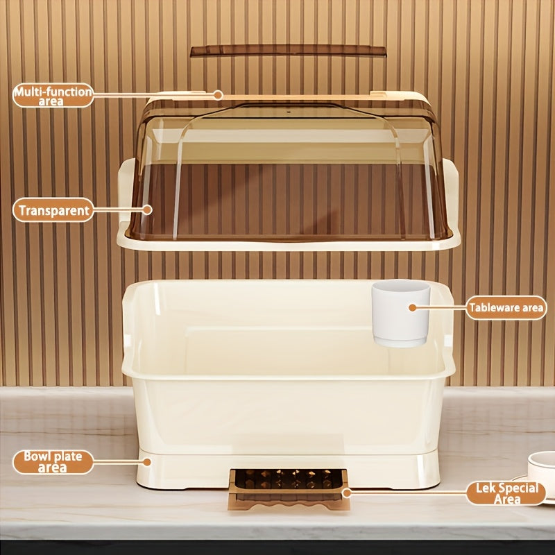 Covered Dish Organizer & Cutlery Holder with Drain Plate - Space-Saving Countertop Rack, Dust-Proof, Cream, Large & Extra Large