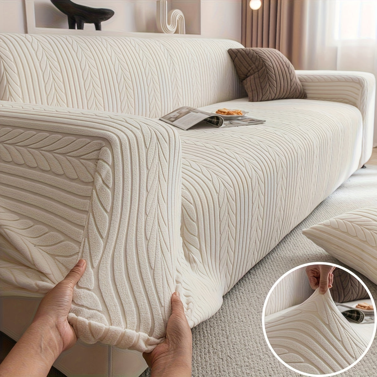 Striped Sofa Cover Washable Stretchy Slip-Resistant Zigzag Textured Couch Slipcover – Fits 1 to 4 Seaters, Scratch Protection, Classic Durable Design for Living Room Furniture
