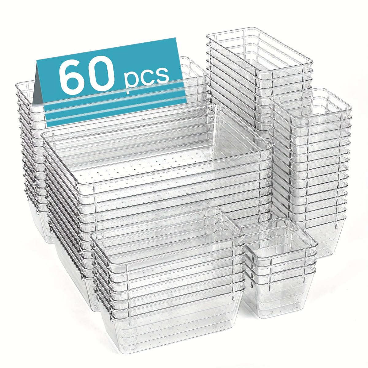 60-Piece Drawer Divider Organizer Set 4 Sizes Clear Plastic Storage Bins for Desk Office Drawer Kitchen Bathroom – Versatile Tray Organizers for Home Office Craft Supply Organization
