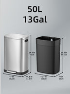 13-Gallon Stainless Steel Trash Can with Soft-Close Lid & Foot Pedal, Fingerprint-Resistant Kitchen Garbage Can with Removable Inner Bucket, Odor-Proof Touchless Waste Bin for Kitchen Bedroom Office – 2 Colors