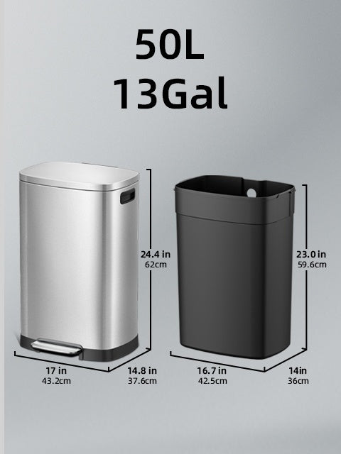 13-Gallon Stainless Steel Trash Can with Soft-Close Lid & Foot Pedal, Fingerprint-Resistant Kitchen Garbage Can with Removable Inner Bucket, Odor-Proof Touchless Waste Bin for Kitchen Bedroom Office – 2 Colors