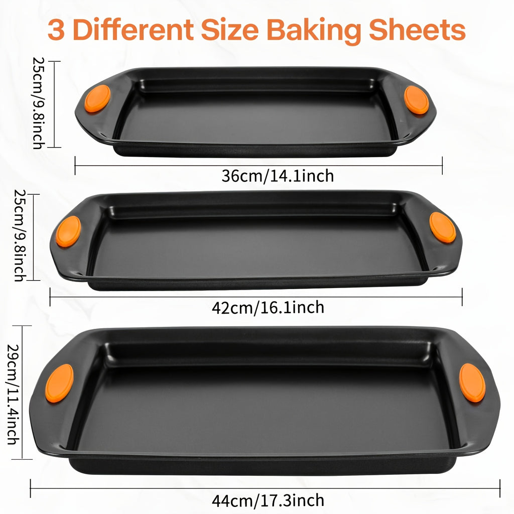Non-Stick Baking Sheet Set with Silicone Handles – Heavy Carbon Steel Cookie Trays, Stackable, Assorted Sizes, 2/3/6/12/24 Pack for Baking & Roasting