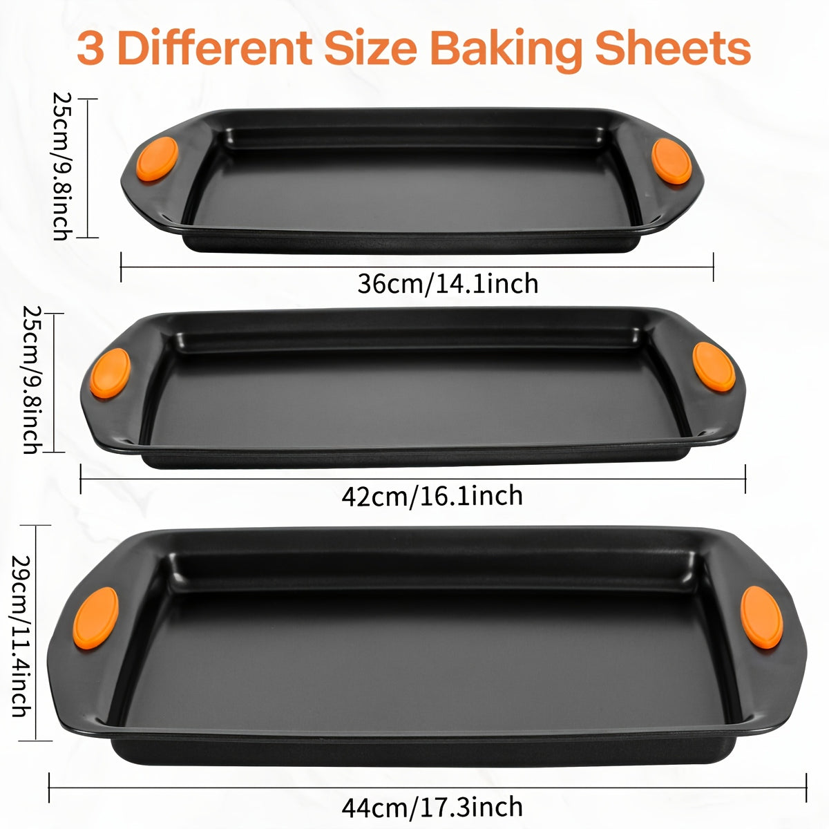Non-Stick Baking Sheet Set with Silicone Handles – Heavy Carbon Steel Cookie Trays, Stackable, Assorted Sizes, 2/3/6/12/24 Pack for Baking & Roasting