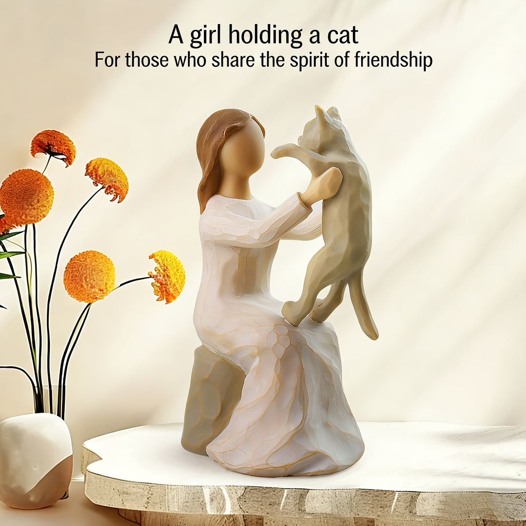 Hand-Painted Girl & Cat Resin Statue – Collectible Kitten Companion Figurine | Thoughtful Memorial Gift for Cat Lovers, Mom & Cat Ladies | Decorative Sculpture for Home, Shelf & Desktop