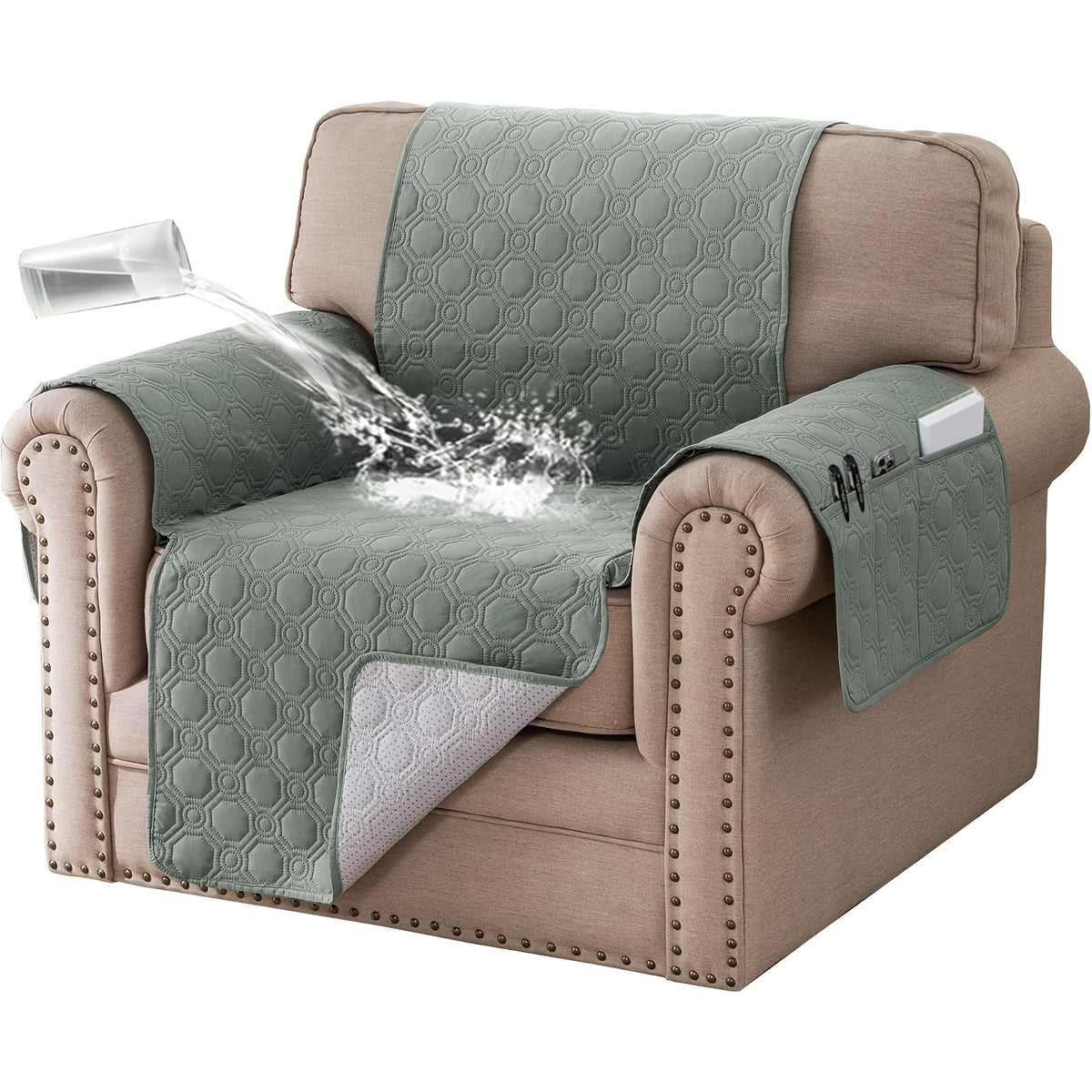 Liquid-Resistant Sofa Cover with Pocket, Geometric Pattern Couch Slipcover Furniture Protector for Pets, Washable Thick Soft 1 2 3 4 Seat Sizes Chair Loveseat Sofa