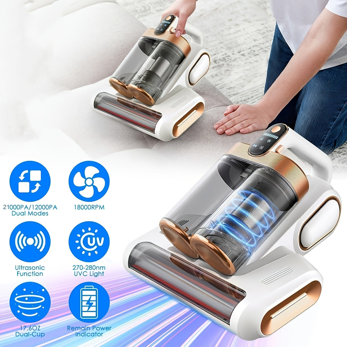 Mattress Vacuum Cleaner Cordless UV-C 21KPa – Deep Cleaning Bed Vacuum with UV Light, Soundwave Tech, Dual Dust Cup 520ml, HEPA Filter, 35-Min Battery, for Mattress Sofa Pillow & Carpet