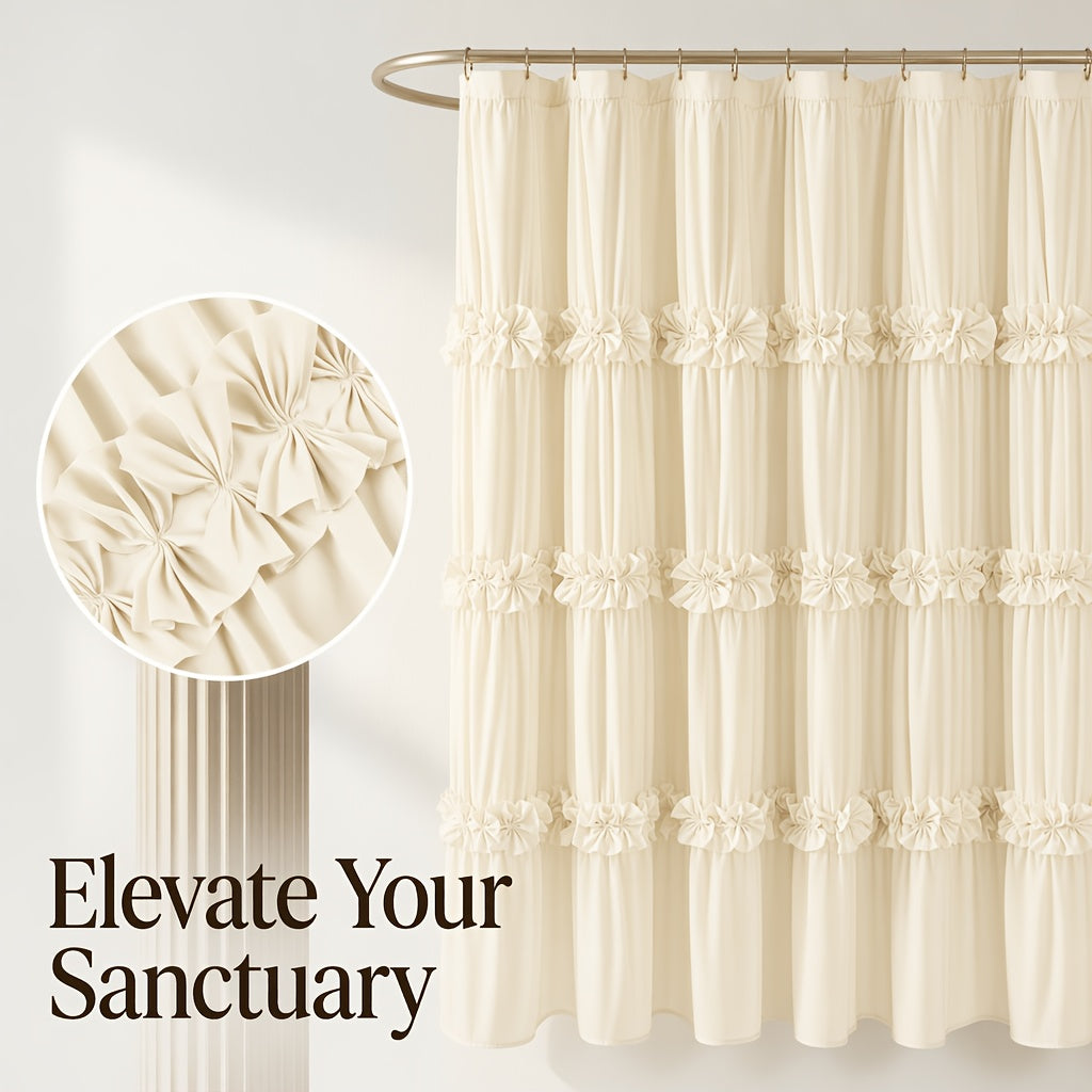 Bow Tie Ruffle Shower Curtain Vintage Handcrafted - Waterfall Ruched Fabric Bath Curtain with Hooks, Quick Dry Machine Washable, Farmhouse Romantic Decor, Multiple Sizes & Colors