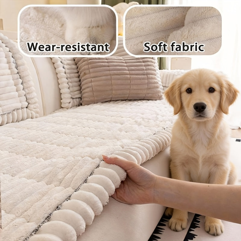 Boho Plush Sofa Cover with Ruffled Edges – Thick Warm Pet-Friendly Couch Protector, Bohemian Style Home Decoration Slipcover for Living Room Sofa Couch Furniture