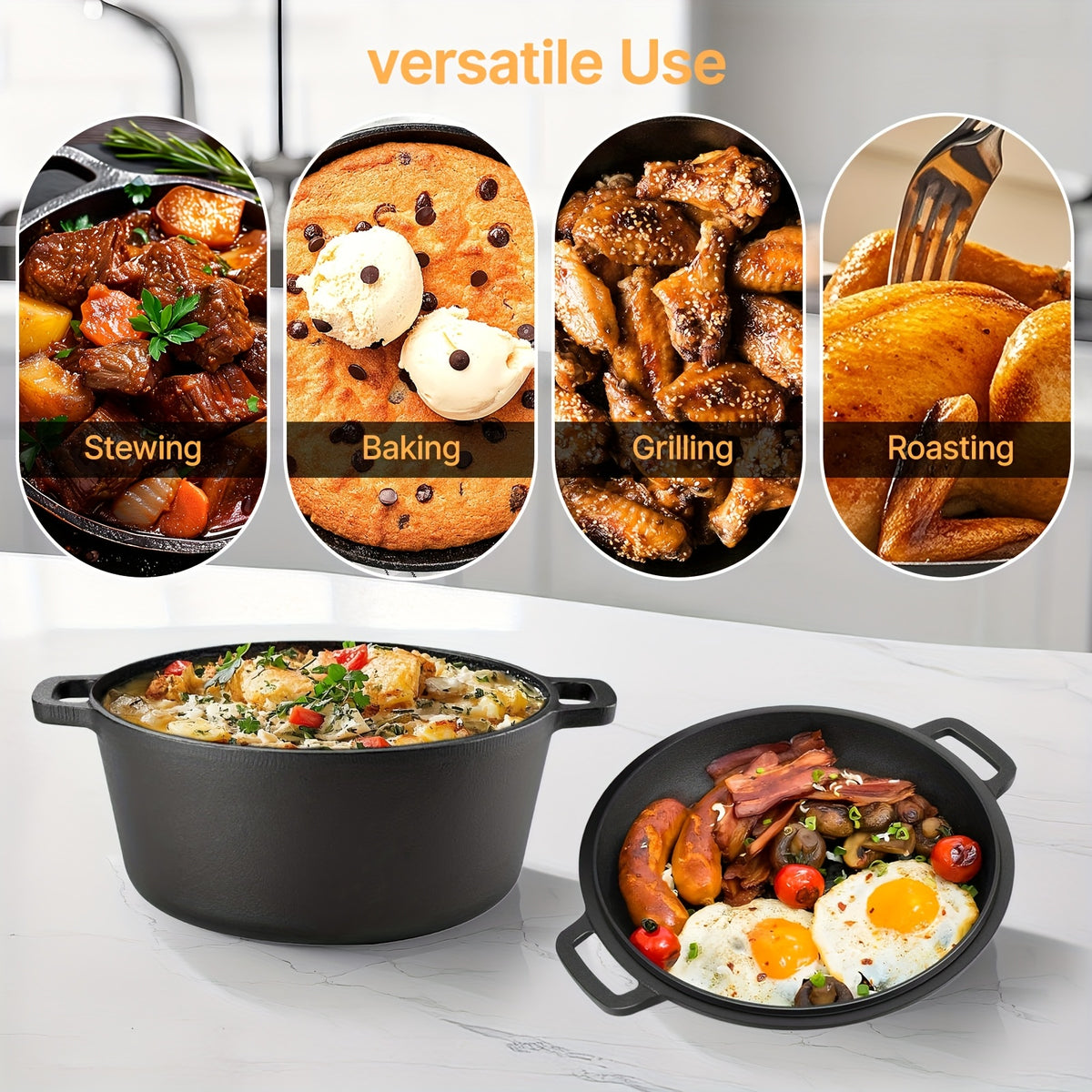 Pre-Seasoned Cast Iron Dutch Oven Set 2-in-1 with Lid, Scraper & Stand – Deep Pot for Camping, BBQ, Bread Baking & Stovetop Cooking
