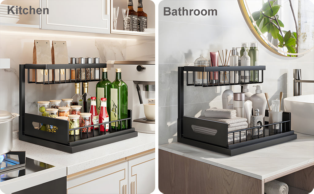 Under Sink Organizer 2-Pack 2-Tier Slide-Out Pull-Out Cabinet Shelf - Heavy Duty Carbon Steel with Adjustable Compartments for Kitchen, Bathroom, Pantry & Closet Organization