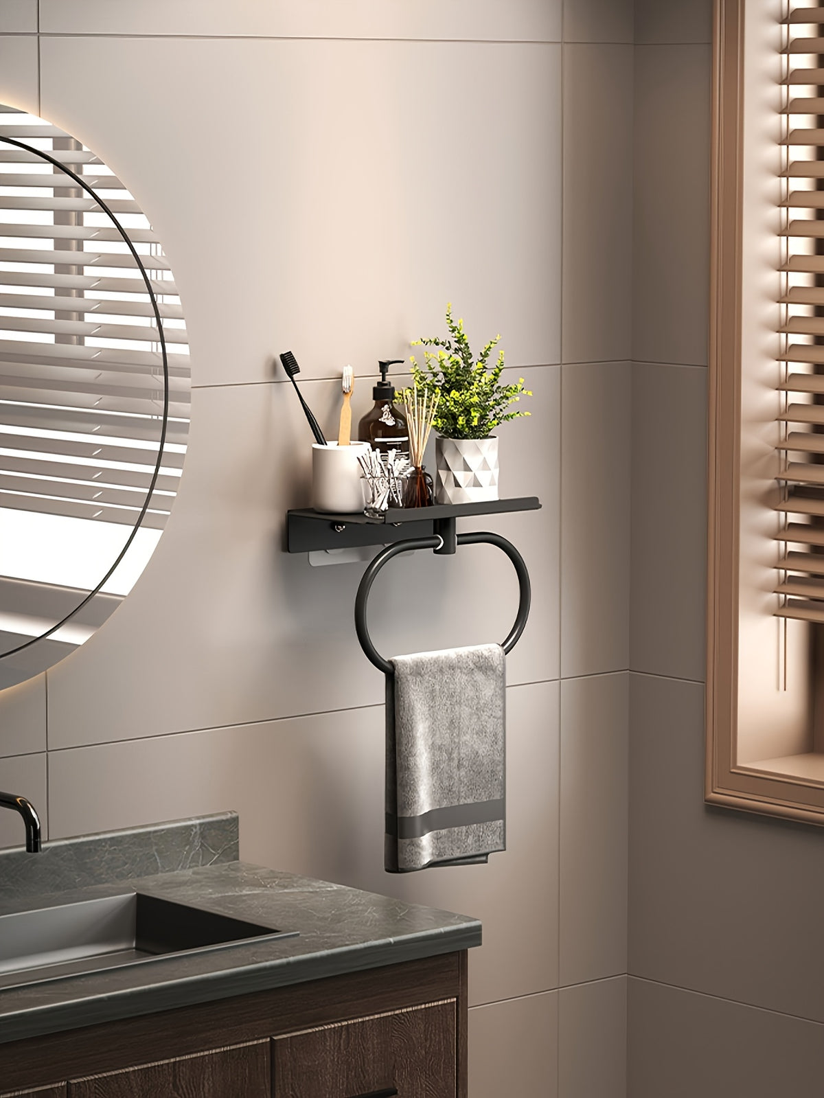 Oval Metal Towel Ring Wall Mounted – No-Drill Bathroom Organizer, Modern Matte Black Finish, Durable & Elegant Home Decor
