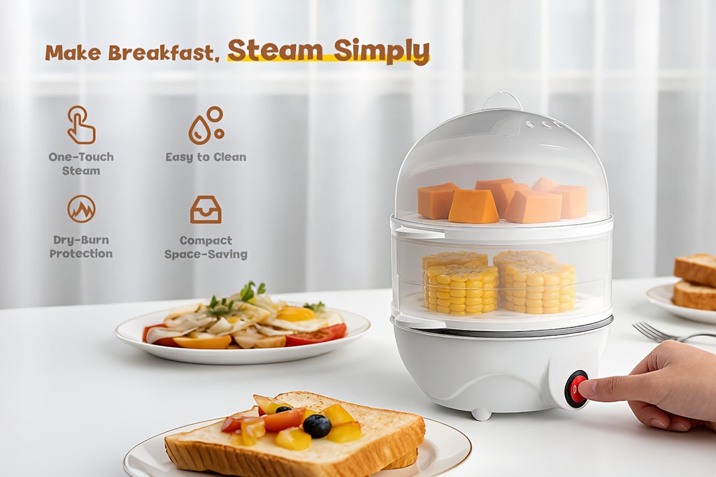 Electric Egg Cooker Steamer 1 or 2 Layer, Auto Shut-Off, Boiled & Soft-Boiled, with Descaling Accessories – Mini Breakfast Machine for Kitchen, Dorm & Office