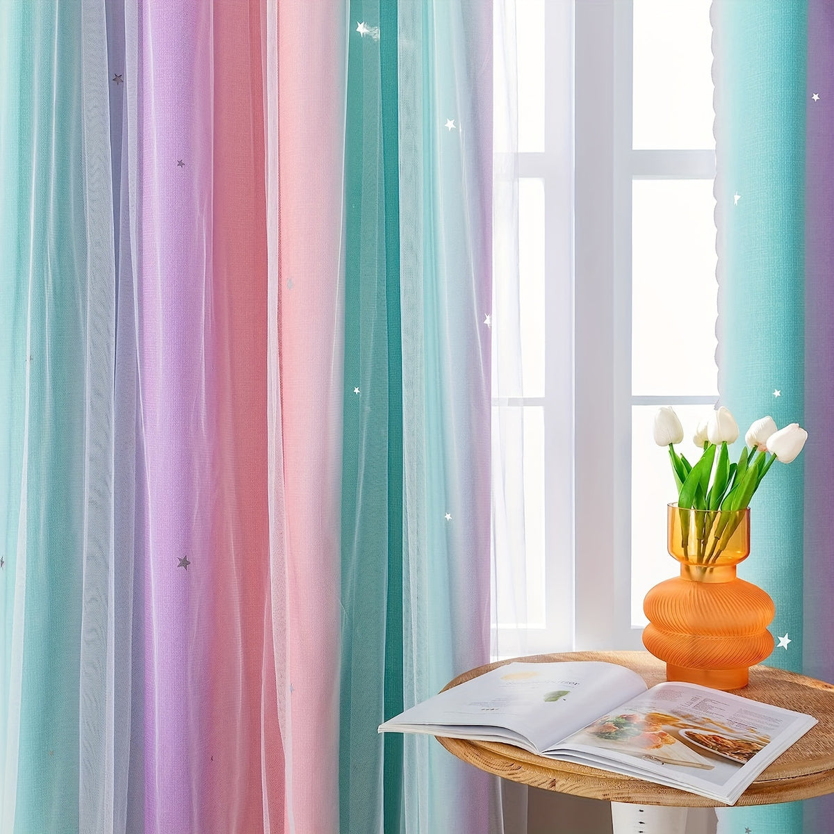 Double Layer Sheer & Blackout Curtains – Elegant Romantic Window Panels for Living Room & Bedroom, Heat Insulation, Pink Yellow Blue | W34–W51 x H63–H84 in | Nuvia Haven