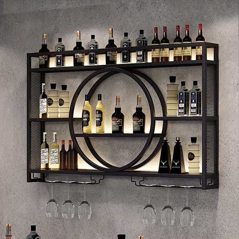 Wall Mounted Wine Bottle Rack with LED Lighting 3-Tier Floating Iron Shelf with Glass Holder for Kitchen Living Room Bar Golden Black 39-55 Inch