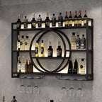 Wall Mounted Wine Bottle Rack with LED Lighting 3-Tier Floating Iron Shelf with Glass Holder for Kitchen Living Room Bar Golden Black 39-55 Inch