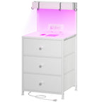 Tall Nightstand with Charging Station & LED Lights – 3 Drawers, Shelves, USB Ports, Outlets & 4 Hooks | Bedside Table for Bedroom
