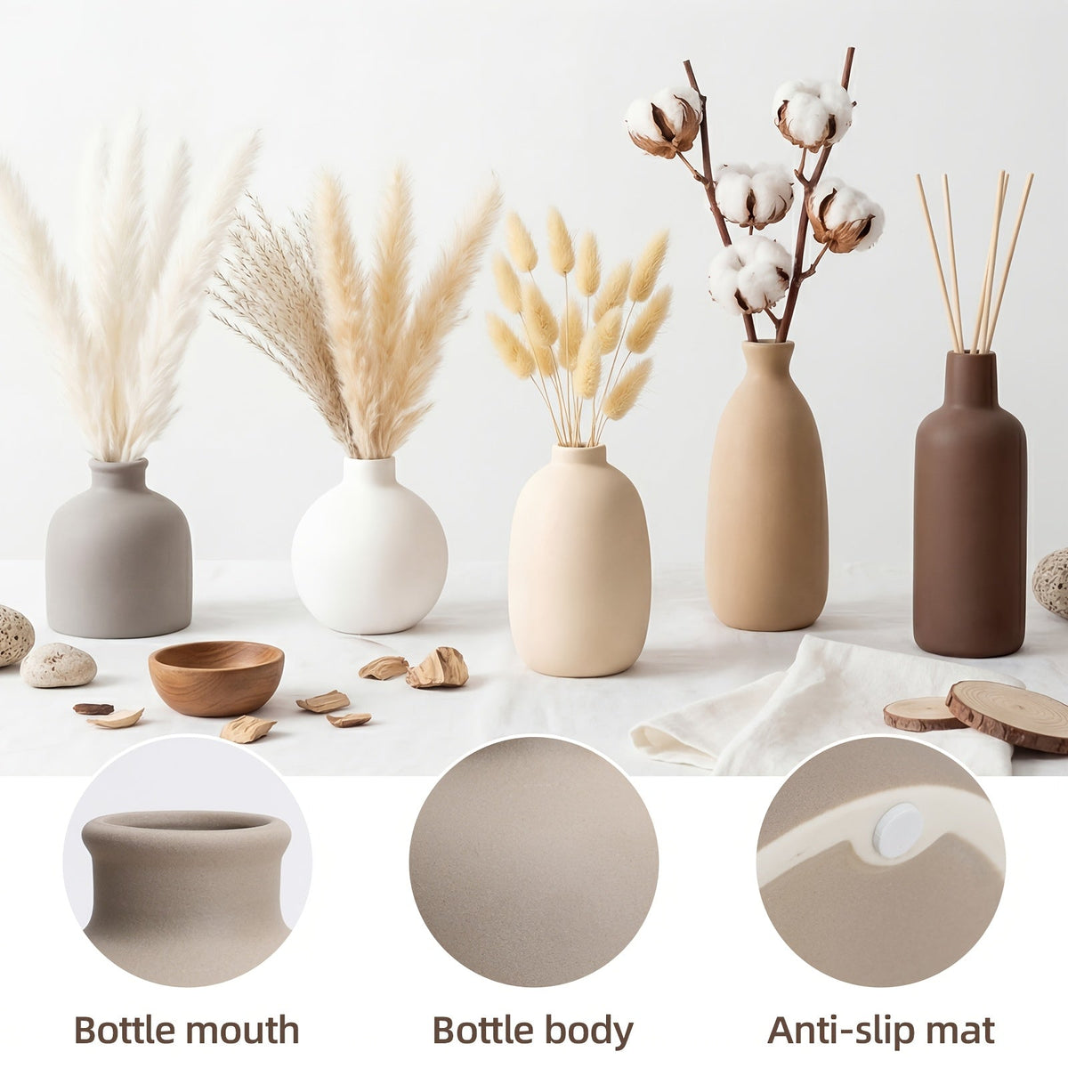 Set of 5 Ceramic Vases for Home Decor – Rustic Farmhouse Pottery, Vintage Decorative Vase Set for Living Room, Coffee Table, Office, Dining Area & Fireplace Mantel