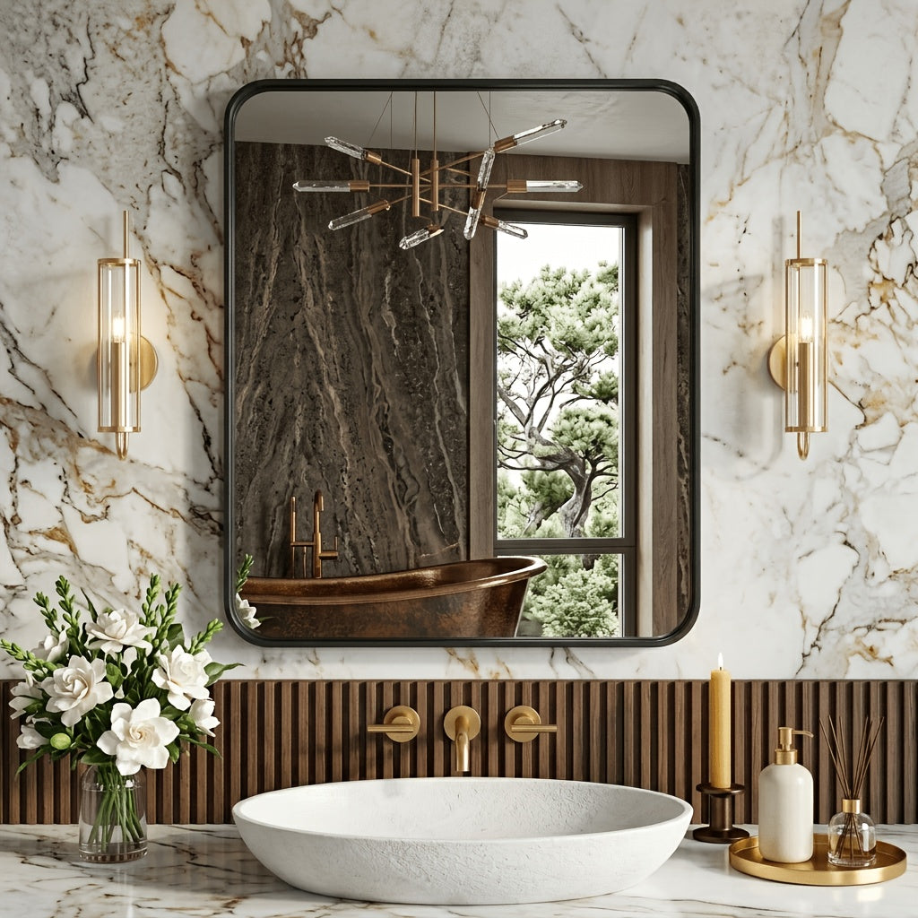 Metal Framed Rounded Rectangle Wall Mirror for Bathroom – Over Sink, Horizontal or Vertical Hanging, Modern Farmhouse Decor, Matte Black, Gold & Silver, Multiple Sizes 16x20 to 36x48 In