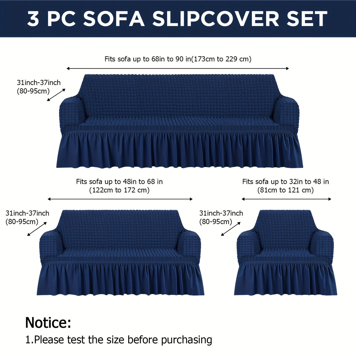 Sofa Slipcover Set 3 Piece Stretch Elastic Couch Cover with Skirt Washable Furniture Protector for Sofa Loveseat Armchair 3 Colors