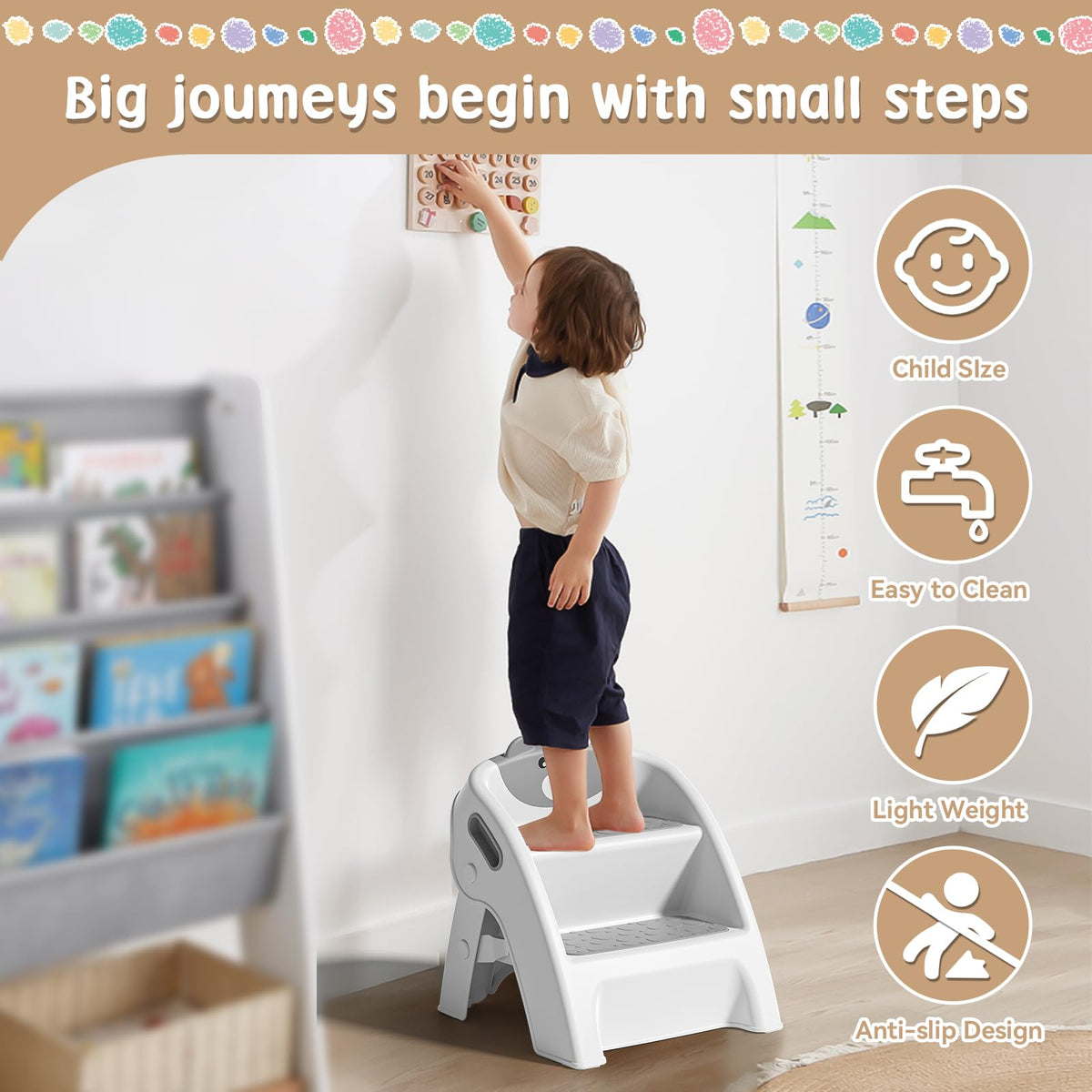 Foldable Kids Step Stool 2-Step with Non-Slip Design & Handle – Multipurpose Toddler Step Stool for Bathroom Sink, Kitchen Counter, Bedroom, Grey Pink Blue