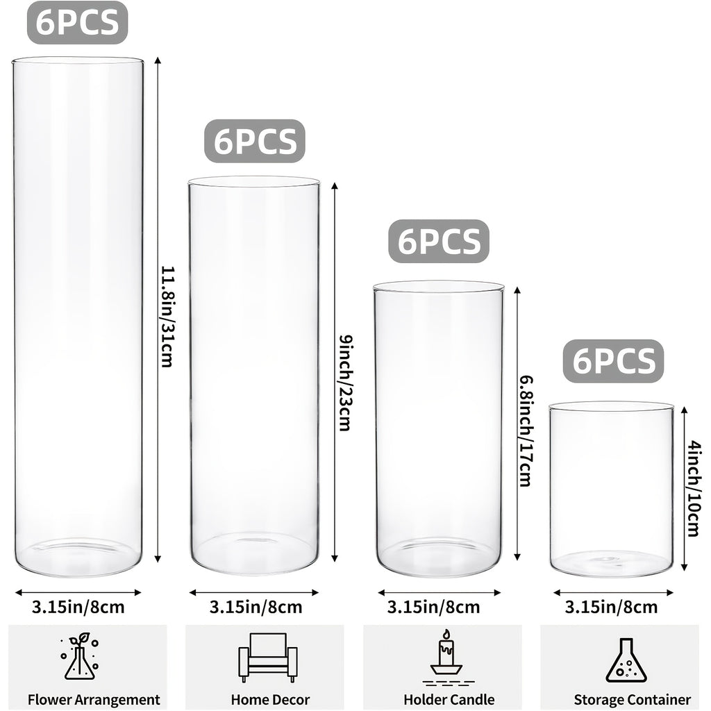 TOMNK Bulk Clear Cylinder Glass Vases 12/20/24pcs in 4-5 Sizes – Tall Boho Flower Vase Set for Wedding Centerpieces, Rustic Home Decor, Formal Dinners, Parties & Hurricane Floating Candle Holders