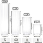 TOMNK Bulk Clear Cylinder Glass Vases 12/20/24pcs in 4-5 Sizes – Tall Boho Flower Vase Set for Wedding Centerpieces, Rustic Home Decor, Formal Dinners, Parties & Hurricane Floating Candle Holders