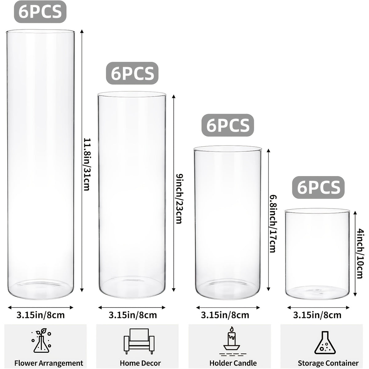 TOMNK Bulk Clear Cylinder Glass Vases 12/20/24pcs in 4-5 Sizes – Tall Boho Flower Vase Set for Wedding Centerpieces, Rustic Home Decor, Formal Dinners, Parties & Hurricane Floating Candle Holders