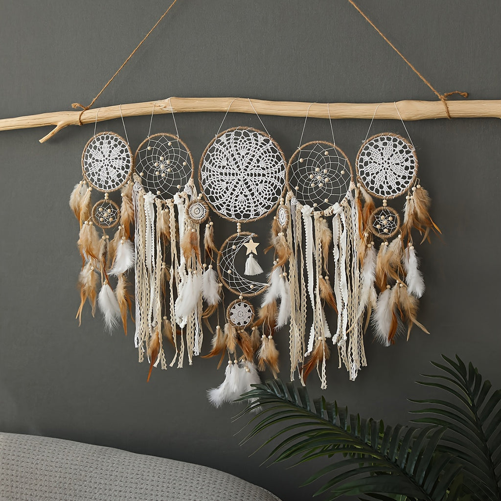 Boho Metal Dreamcatcher Set of 5 with Feathers – Large Multi-Size Wall Hanging Decor for Bedroom in 5 Colors, Spiritual Catcher Gift for Christmas & Graduation