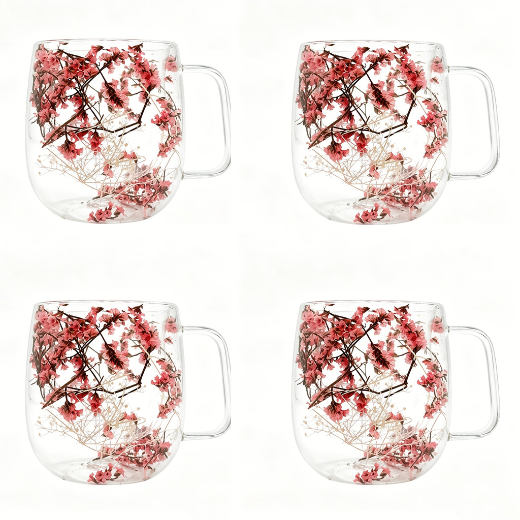 Double Wall Glass Coffee Cups Set of 4 with Handle – 12oz Leakproof Thermal Mugs for Tea, Latte & Cappuccino | Dried Flower & Petal Designs | Gift for Coffee Lovers