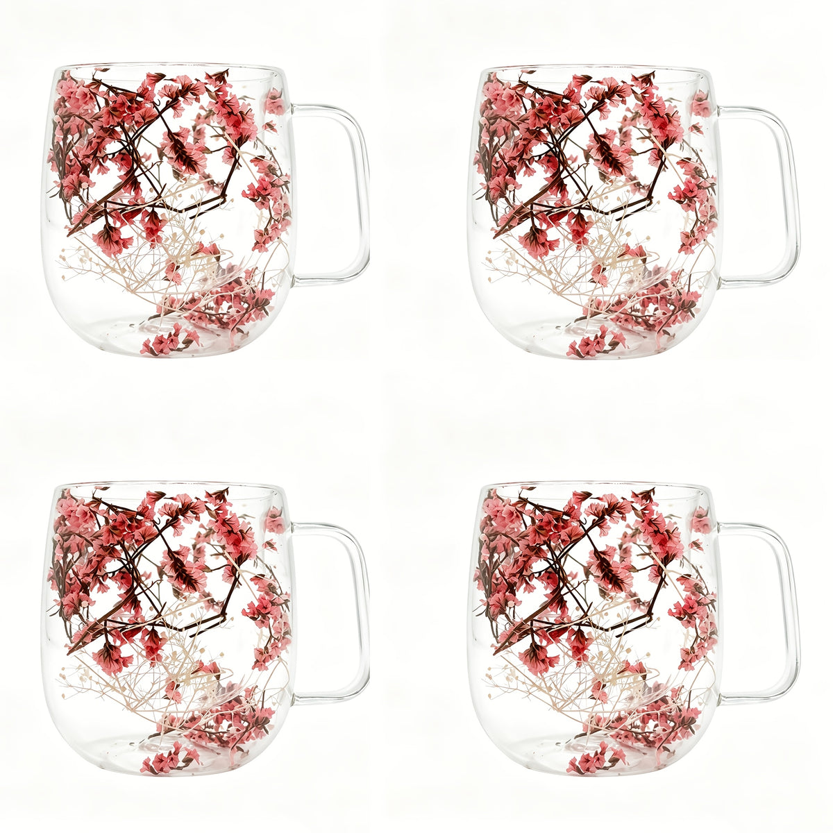 Double Wall Glass Coffee Cups Set of 4 with Handle – 12oz Leakproof Thermal Mugs for Tea, Latte & Cappuccino | Dried Flower & Petal Designs | Gift for Coffee Lovers