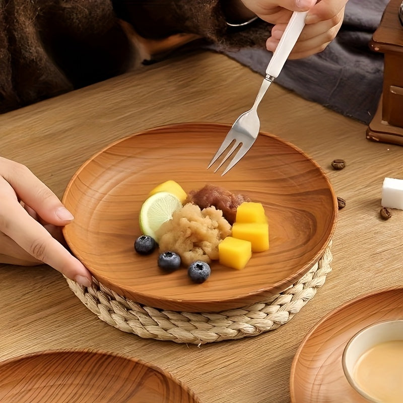 10-Piece Wood Grain Plastic Dinner Plates Round Striped Pattern Luxury Feel for Home Restaurant Dessert Shop Snack Fruit Tea Tray
