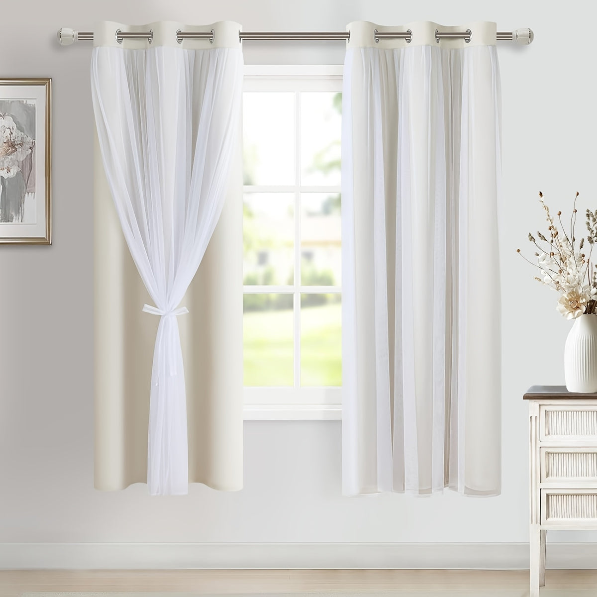 Double Layer Blackout Curtains with Sheer Overlay 2 Panels - Grommet Top Thermal Insulated Mix & Match Window Drapes with Tiebacks for Bedroom Living Room, All Season