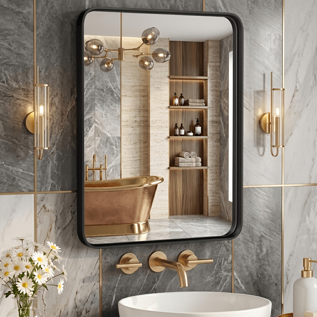 Metal Framed Rounded Rectangle Wall Mirror for Bathroom – Over Sink, Horizontal or Vertical Hanging, Modern Farmhouse Decor, Matte Black, Gold & Silver, Multiple Sizes 16x20 to 36x48 In