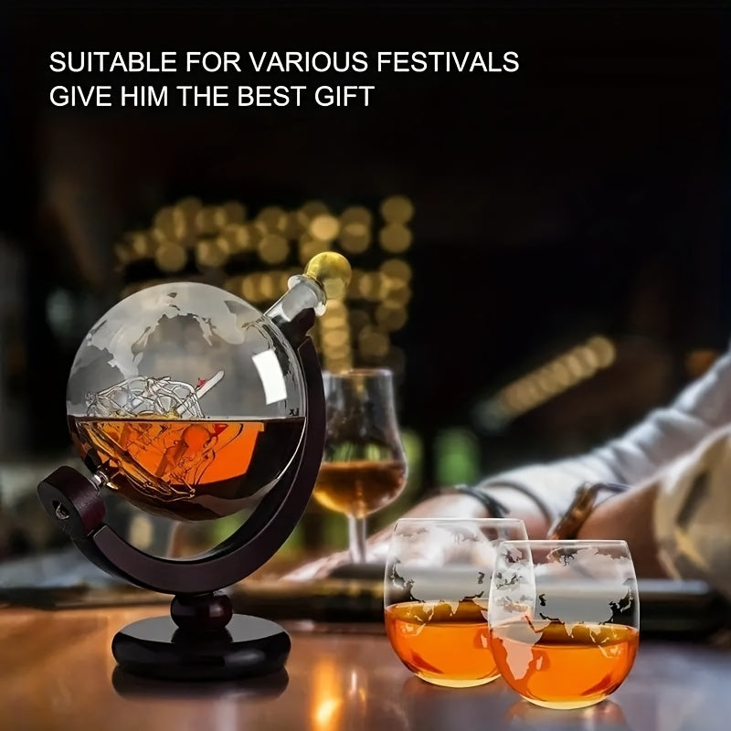 Whiskey Decanter Set for Men – Etched World Globe Design 28oz with Wooden Stand & Glass – Bourbon Scotch Decanter Gift for Dad, Husband & Home Bar