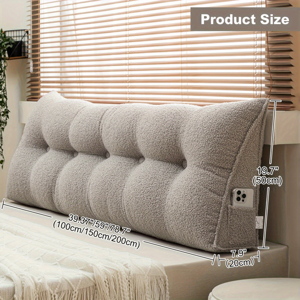 Wedge Headboard Pillow with Side Pocket Triangular Bed Reading Backrest Bolster, Teddy Velvet Removable Washable Cover Bed Gap Filler for Twin Queen King, 7 Colors