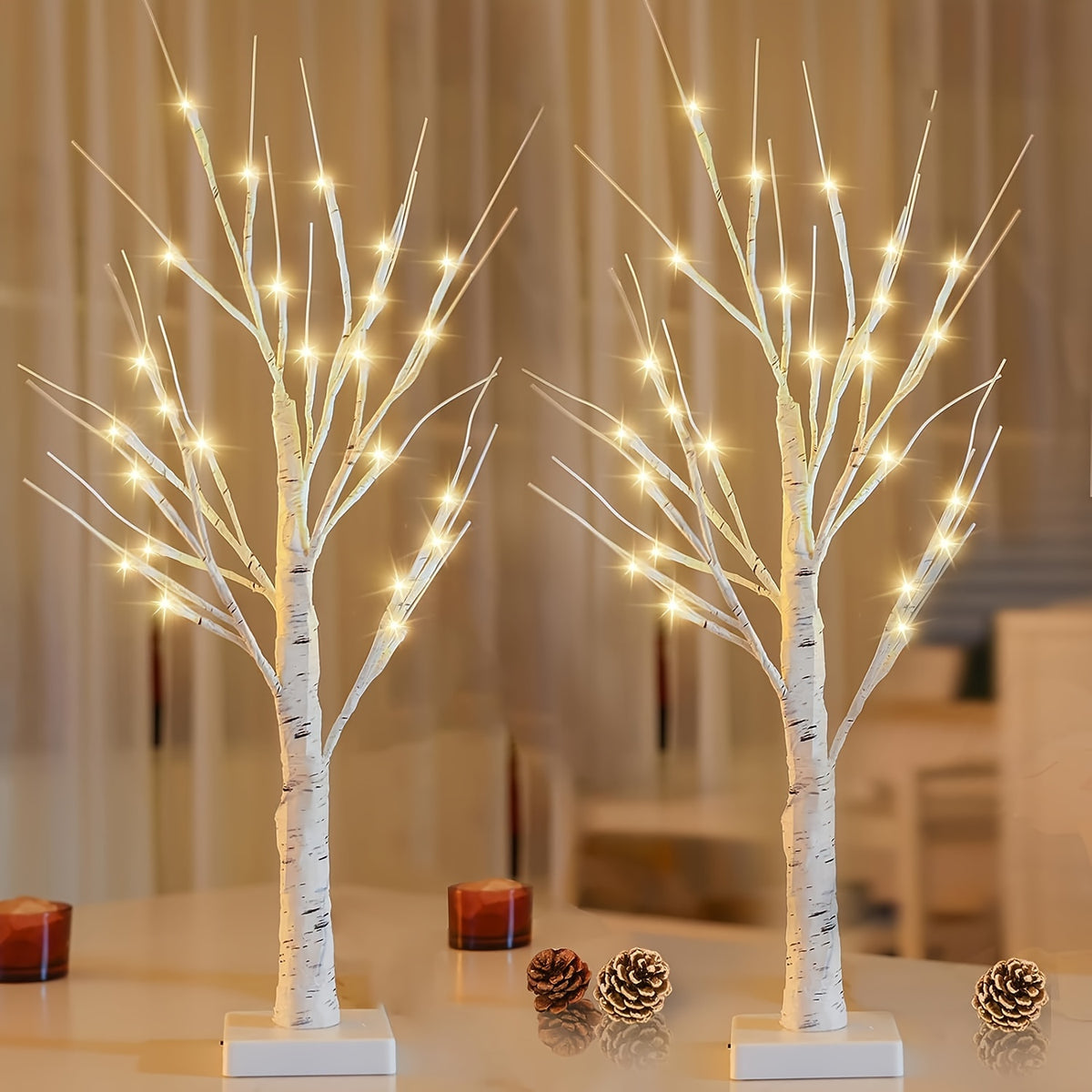 Artificial Birch Wood Branch LED Lamp 2FT 24 LEDs Warm White with Timer - USB & Battery Dual Powered Decorative Twig Light for Bedroom Living Room Office Wedding Home Decor - Single & 2-Pack