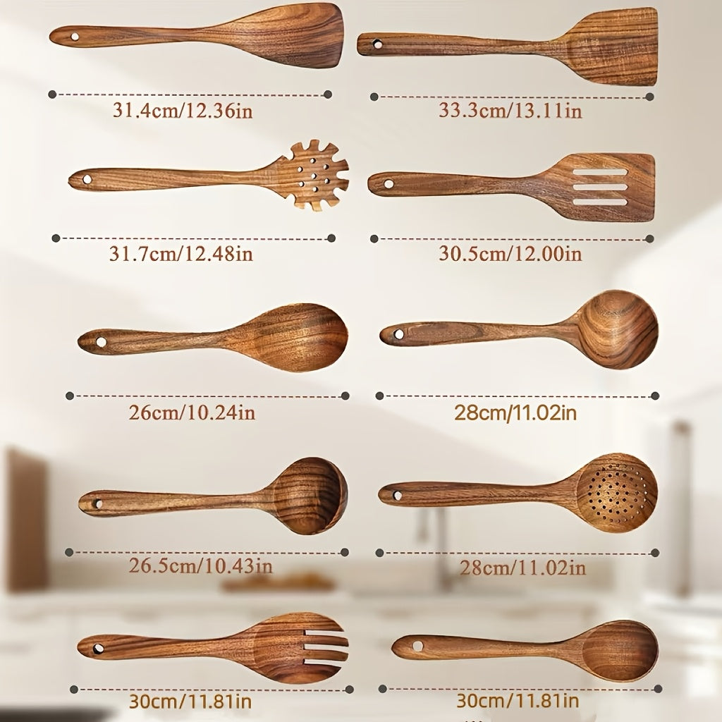 Wooden Kitchen Utensils Set 10 Piece - Non-Stick Safe Heat Resistant Cooking Tools with Spatula, Slotted Spoon & More, Stylish Wood Kitchen Gadgets for Cooking & Baking