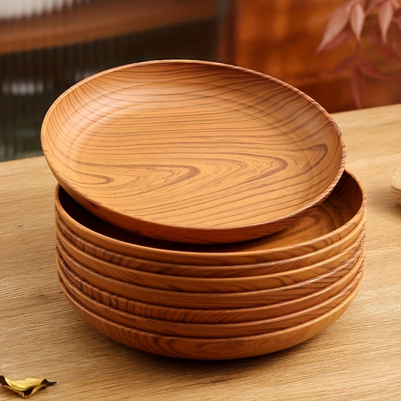 10-Piece Wood Grain Plastic Dinner Plates Round Striped Pattern Luxury Feel for Home Restaurant Dessert Shop Snack Fruit Tea Tray