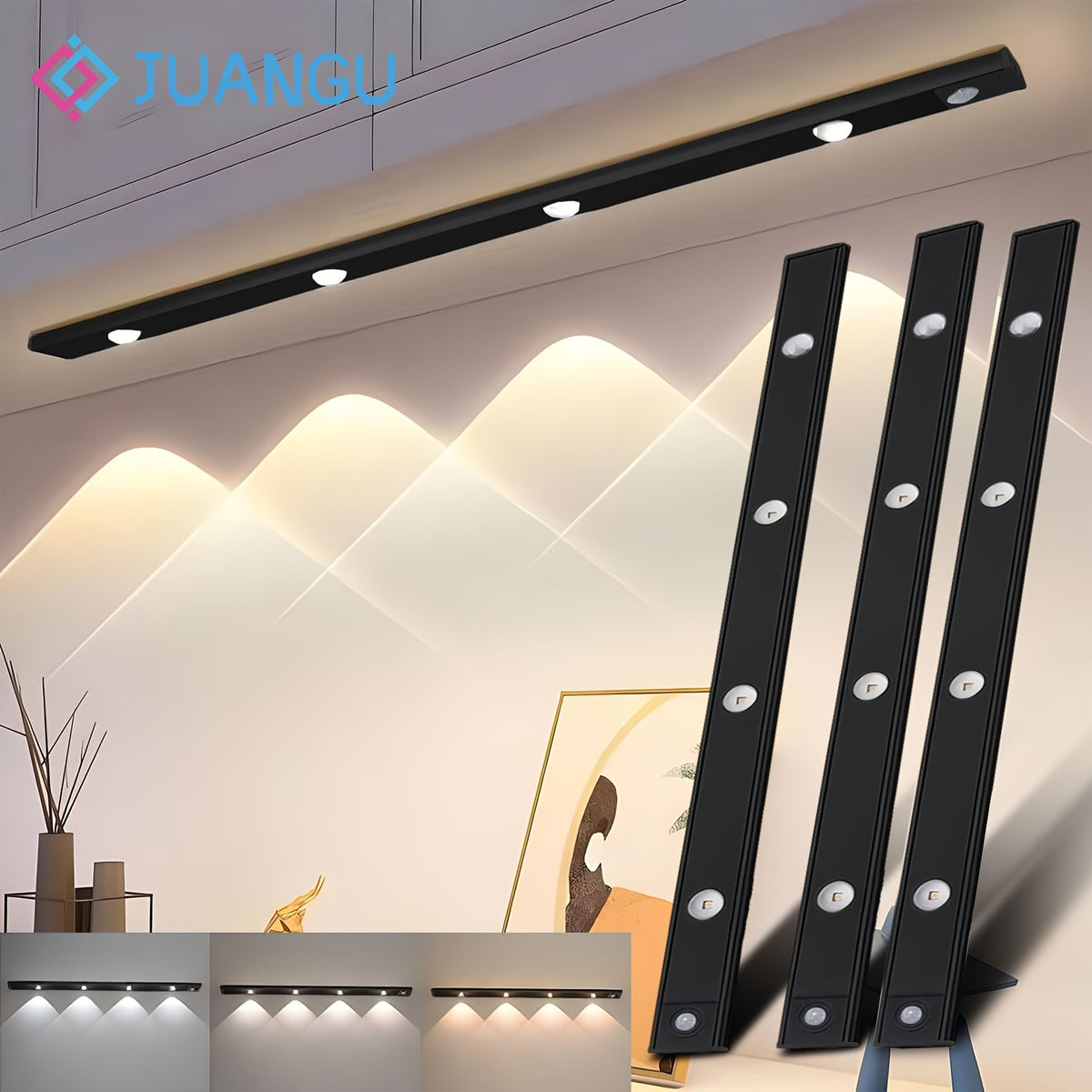 Smart LED Motion Sensor Cabinet Light USB Rechargeable - Dimmable Under Cabinet Light 3 Modes for Bedroom Stairs Kitchen Closet Hallway - 2 & 3 Pack Options, Black & White