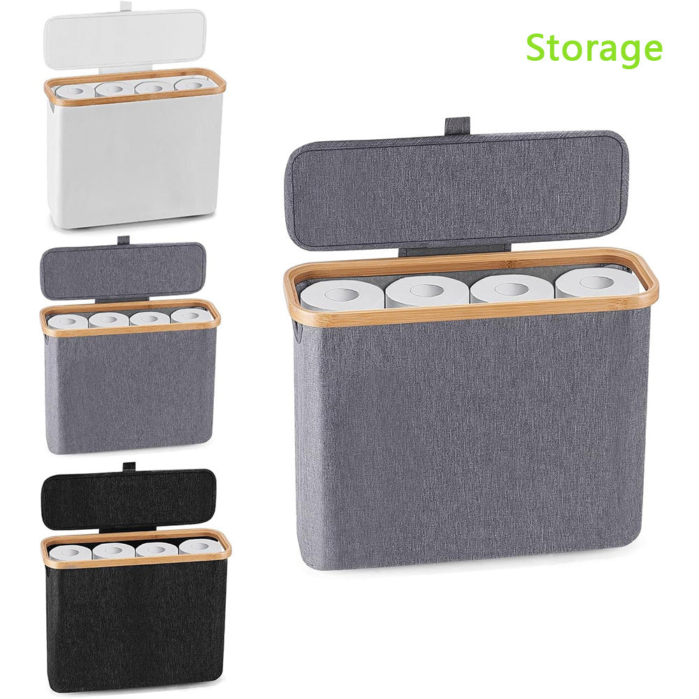 Bamboo Toilet Paper Storage Basket with Lid Holds 12 Rolls, Multi-Functional Bathroom Organizer with Tissue Holder Hook – Countertop Bathroom Decor, Black, Gray, White & Purple