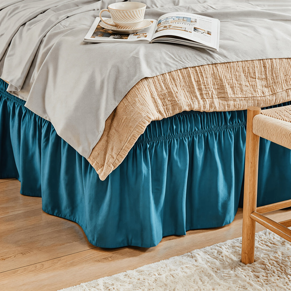 Elastic Wrap Around Bed Skirt No-Lift, 15 Inch Drop Microfiber Dust Ruffle, 30 Fade-Resistant Colors, Machine Washable, Twin Full Queen King Size
