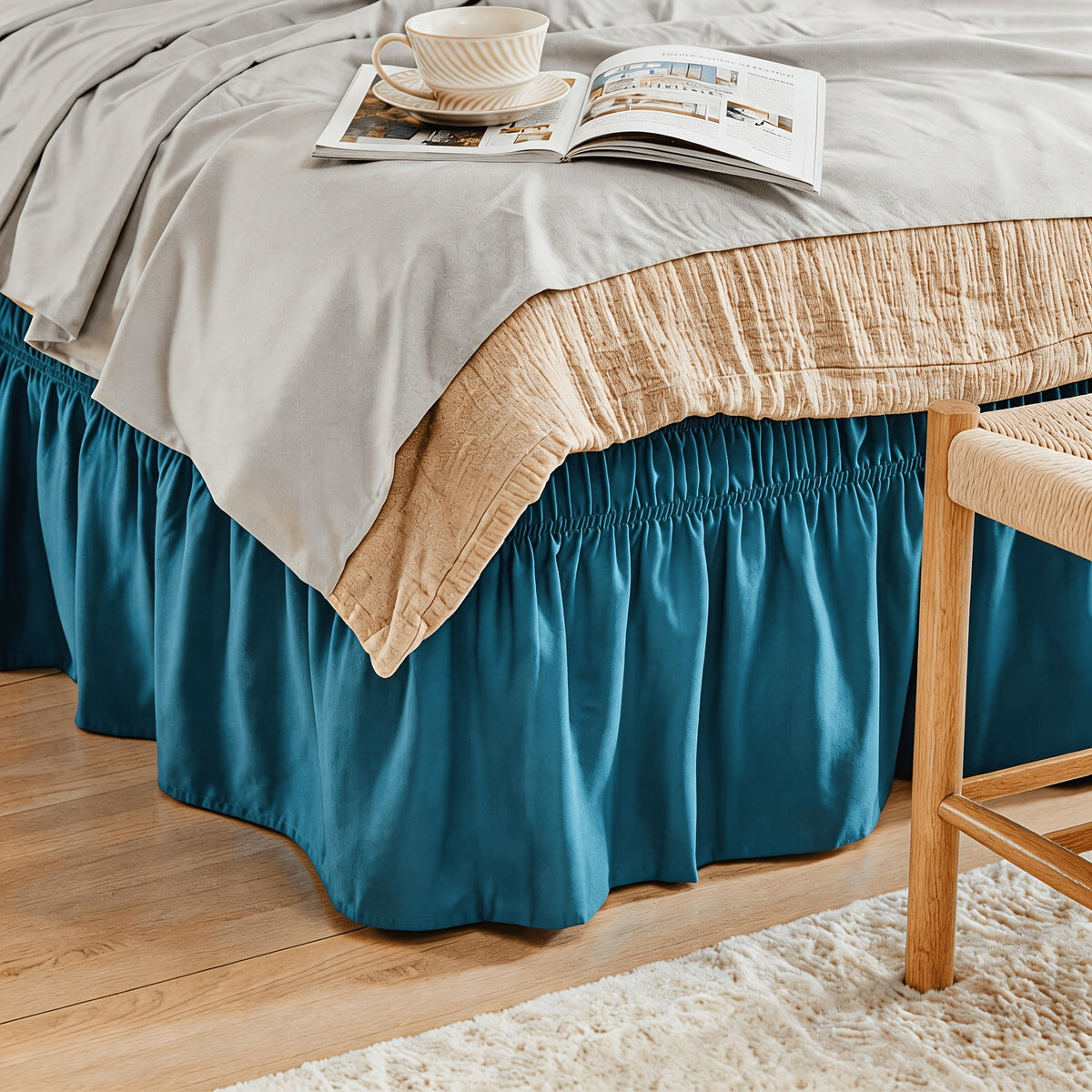 Elastic Wrap Around Bed Skirt No-Lift, 15 Inch Drop Microfiber Dust Ruffle, 30 Fade-Resistant Colors, Machine Washable, Twin Full Queen King Size