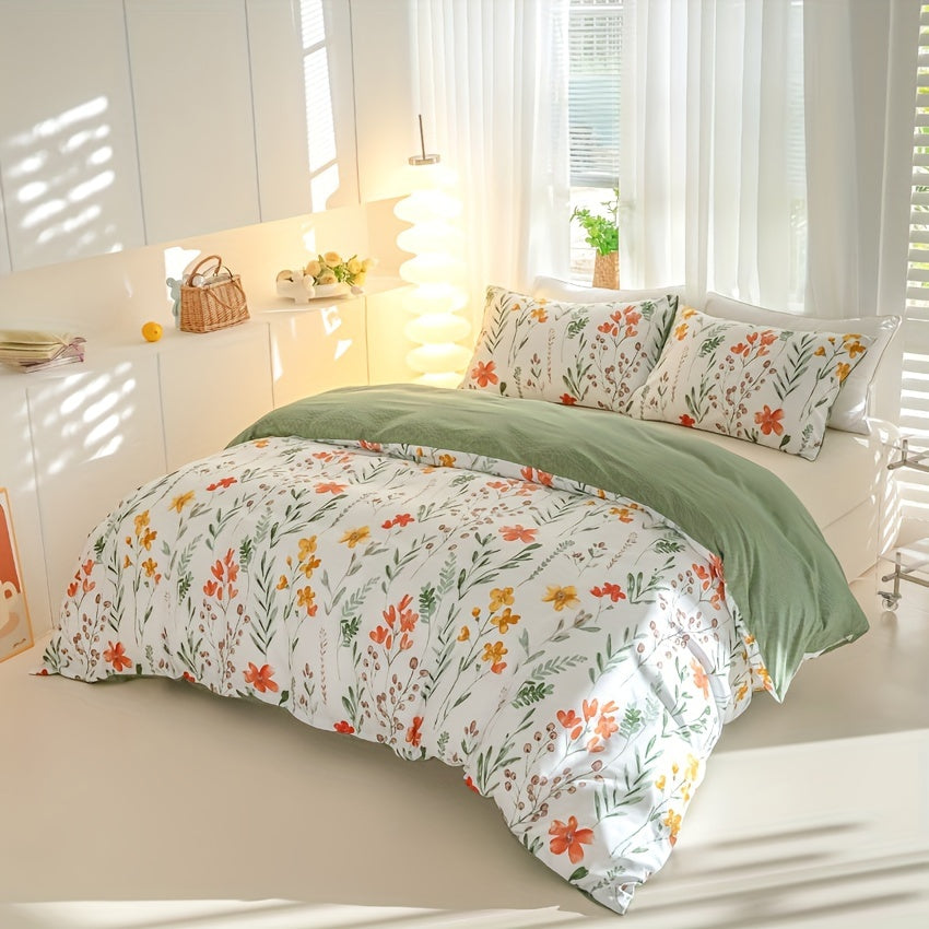 Floral Duvet Cover Set 3-Piece Soft Breathable Polyester – Flowers & Plants Print Comforter Cover with Zip Closure, Twin Full Queen King Bedding Set No Insert