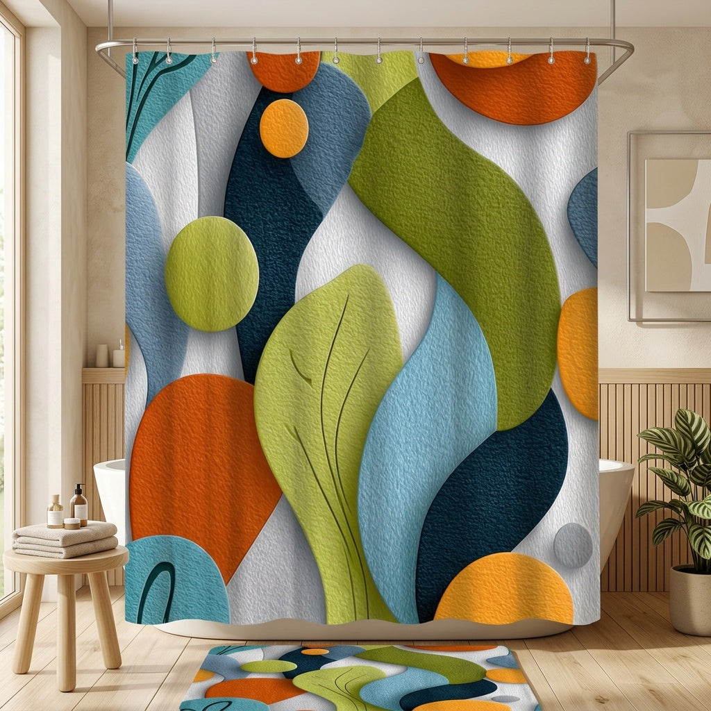 Abstract Geometric Shower Curtain – Colorful Overlapping Shapes Modern Art Bath Decor in Green Blue Orange Teal | 70.86x70.86 Inch with 12 Hooks