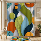 Abstract Geometric Shower Curtain – Colorful Overlapping Shapes Modern Art Bath Decor in Green Blue Orange Teal | 70.86x70.86 Inch with 12 Hooks