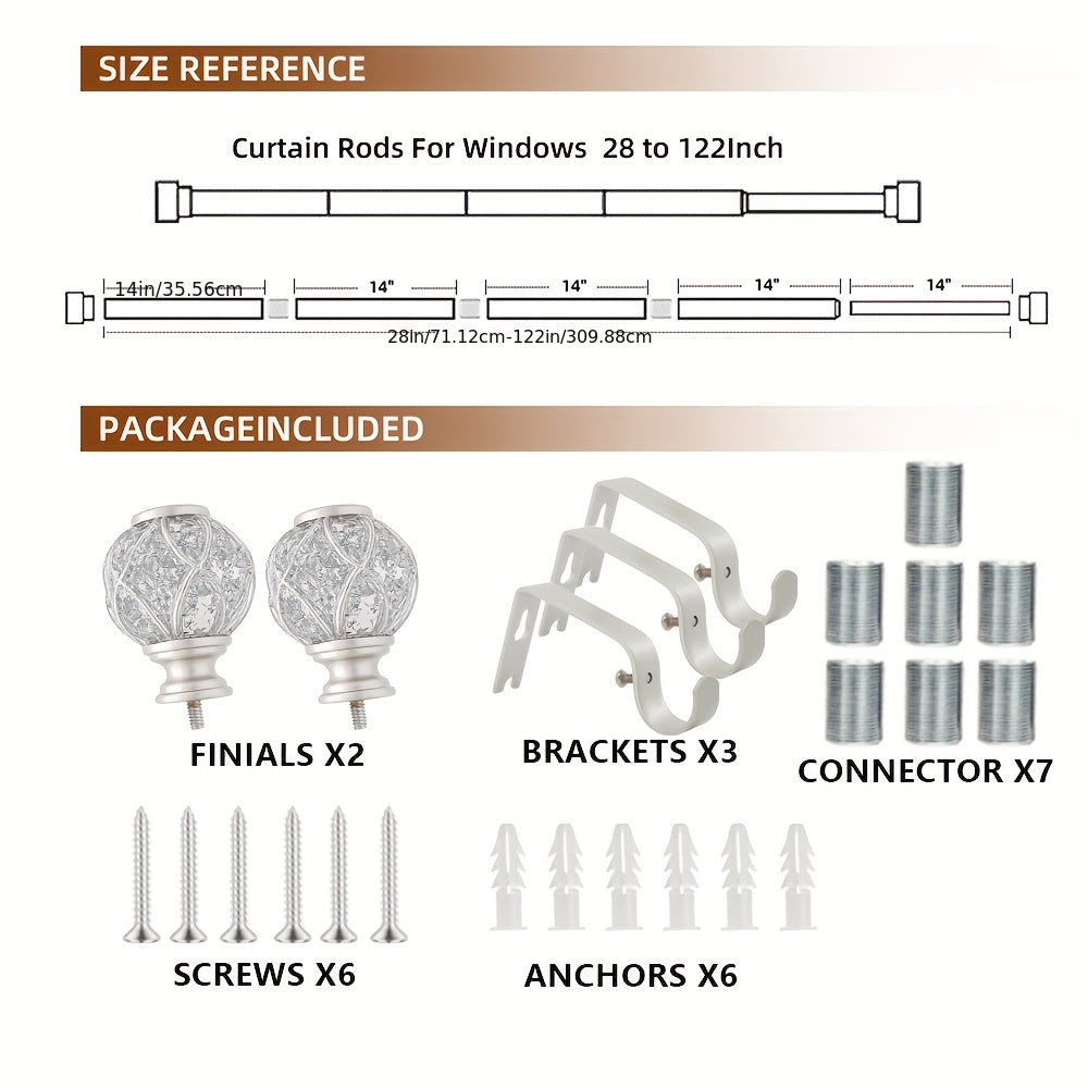 Adjustable Curtain Rod Crystal & Gold Single Decorative Rod for Windows 28 to 122 Inch – Spliced Extension Design, 8 Size Options