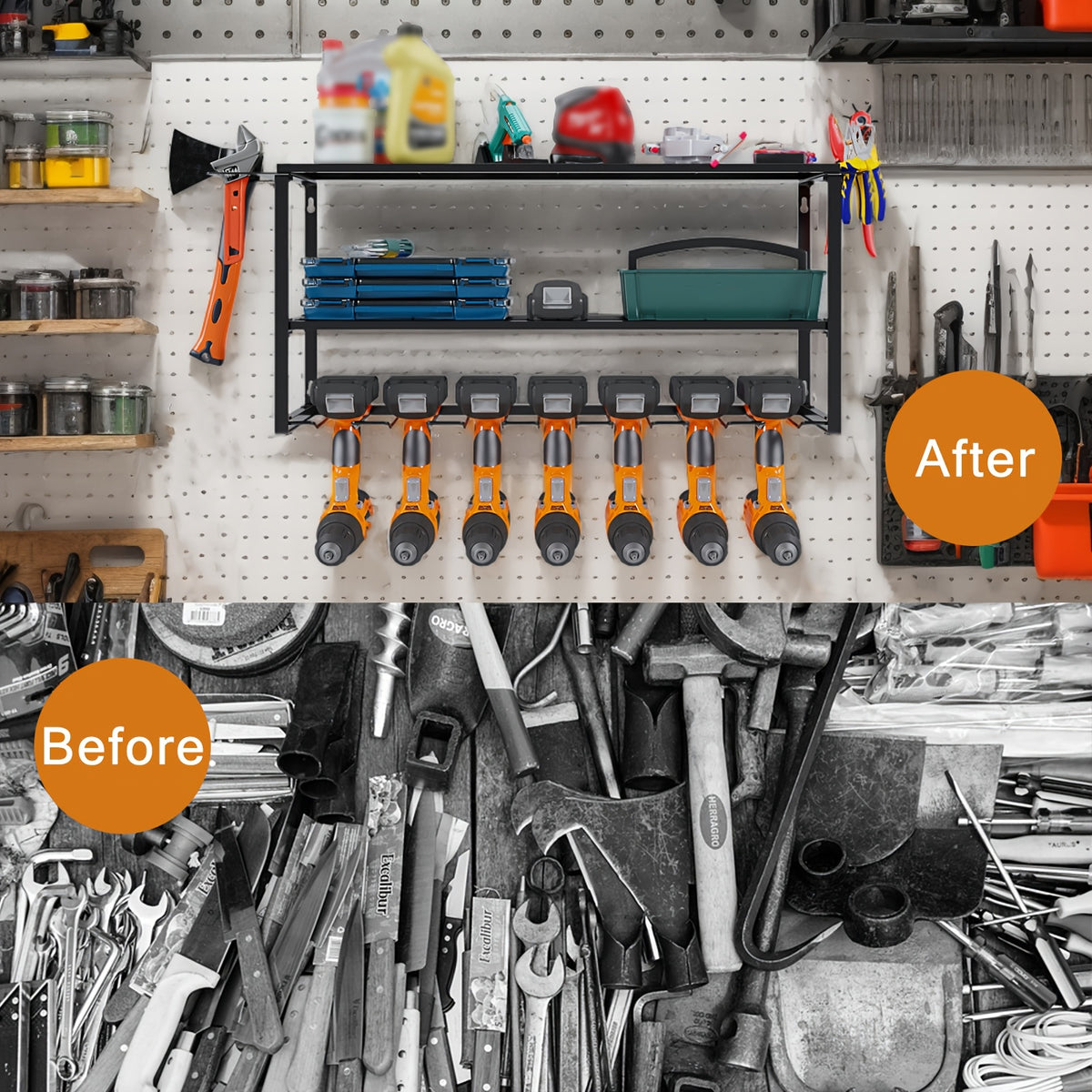 Power Tool Storage Rack Wall Mount – 150 lb Heavy-Duty 3-Tier Steel Organizer with 7 Bit Holders for Garage Workshop Shed Basement
