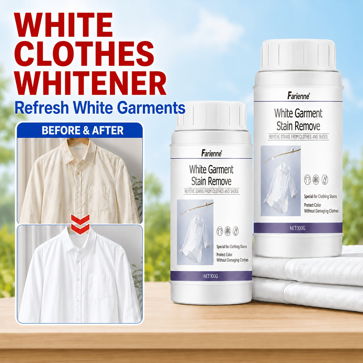 White Fabric Brightener & Yellowing Remover Powder - Color-Restoring Bleaching Agent for White Clothes Anti-Color-Bleeding Whitening Laundry Treatment