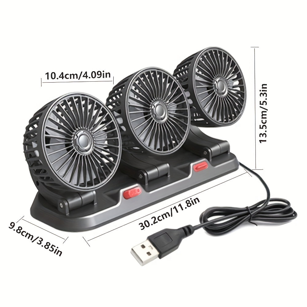 Three-Head USB Desk Fan – 360° Rotating, Digital Display, 3 Speed Quiet Fan | Plug & Play for Car, Office, Home & Outdoor | Black