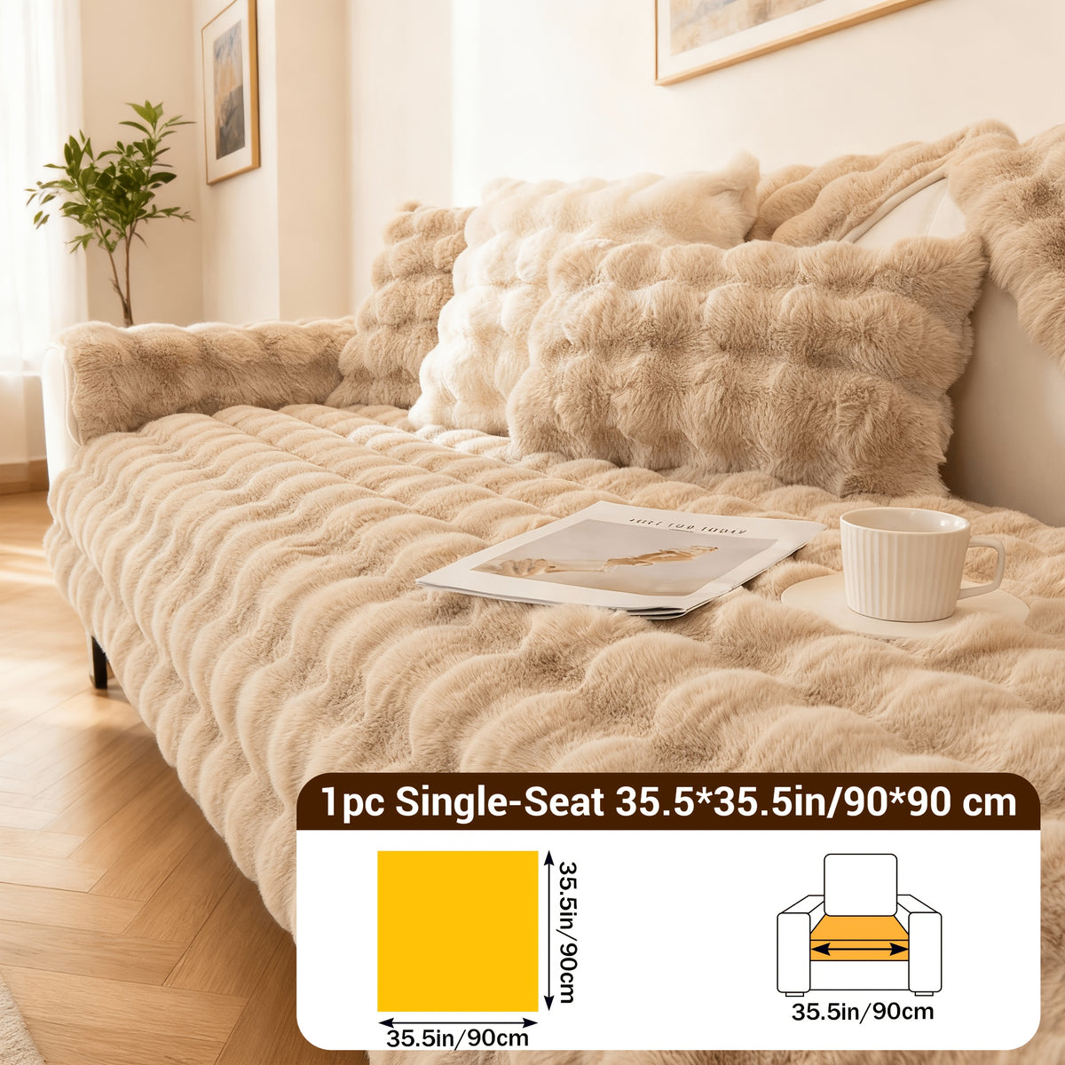 Bubble Faux Rabbit Fur Sofa Cover Non-Slip Stretchable 3/4 Seat Slipcover – Silicone Grip Breathable Furniture Protector for Living Room, Bed & Dorm, Machine Washable in Beige, Dark Grey & Khaki